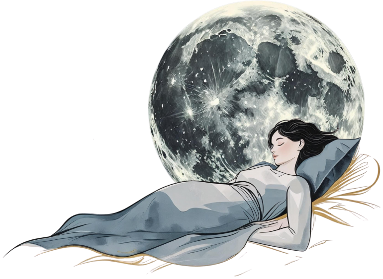 Lady illustration drawing of her sleeping better next to a very large full moon on the floor